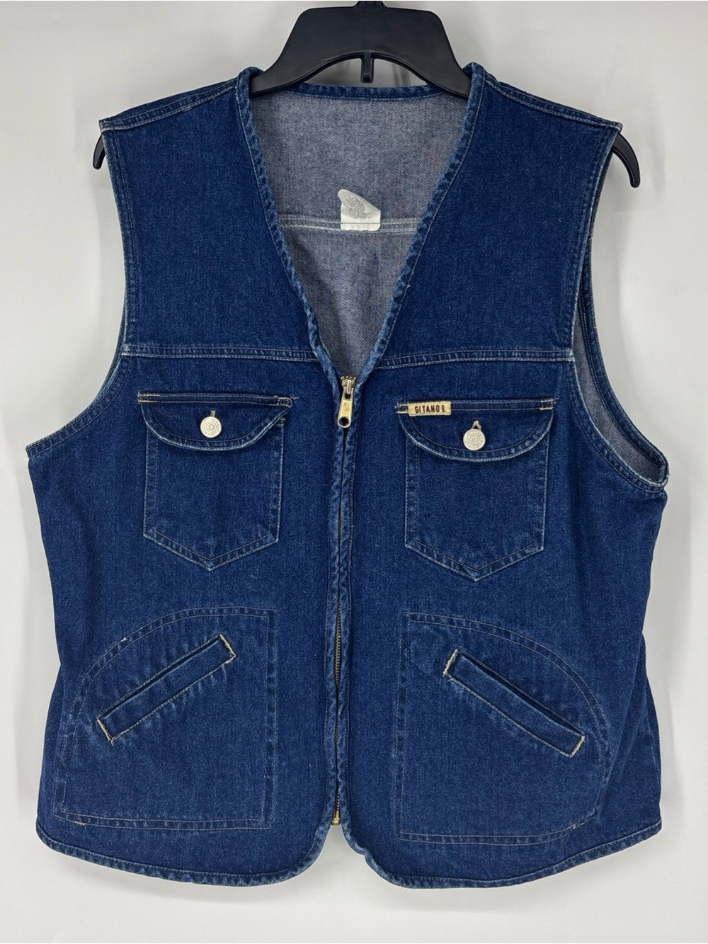 Gitano Indigo Blue Denim Zip-Front Vest Size XL Native American Graphic Vintage